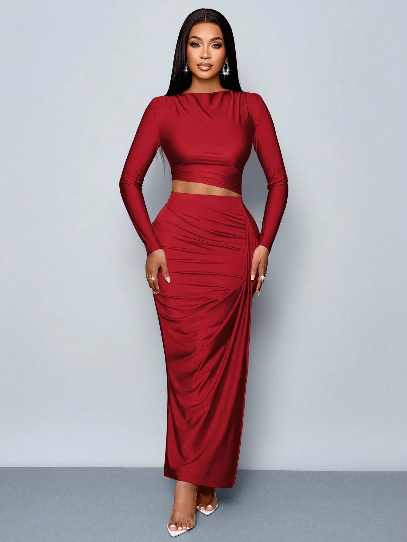 Women's Two-piece Set: Solid Color Elegant Leisure Simple Asymmetric Collar Long-sleeve T-shirt and Fitted Pleated Side Slit Lon