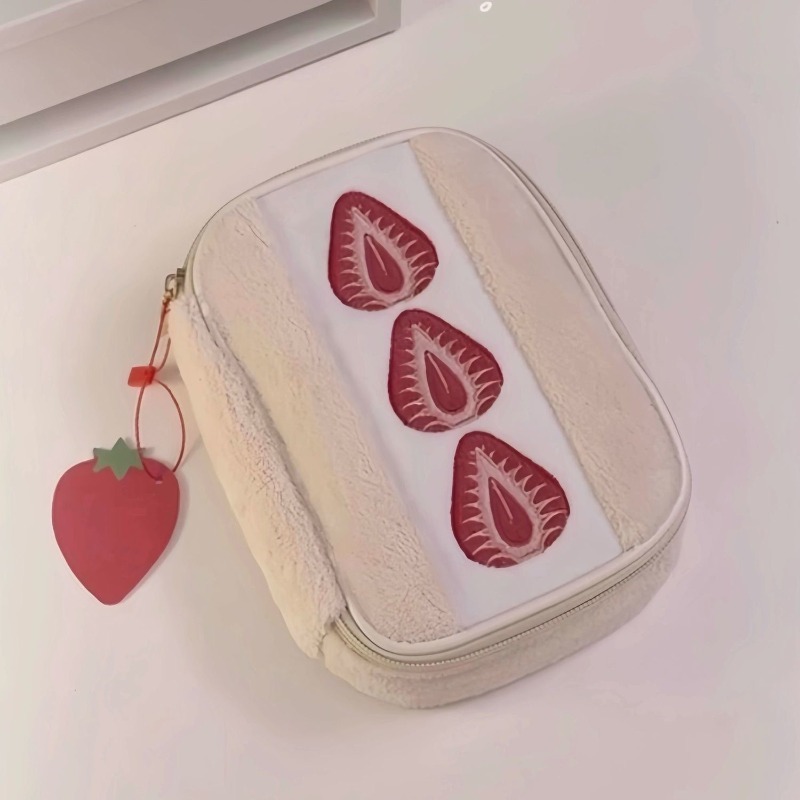 Cute Ins Plush Strawberry Stationery Storage Bag Fuzzy Cosmetic Pouch Large Capacity Multifunctional Pencil Case for Daily Use