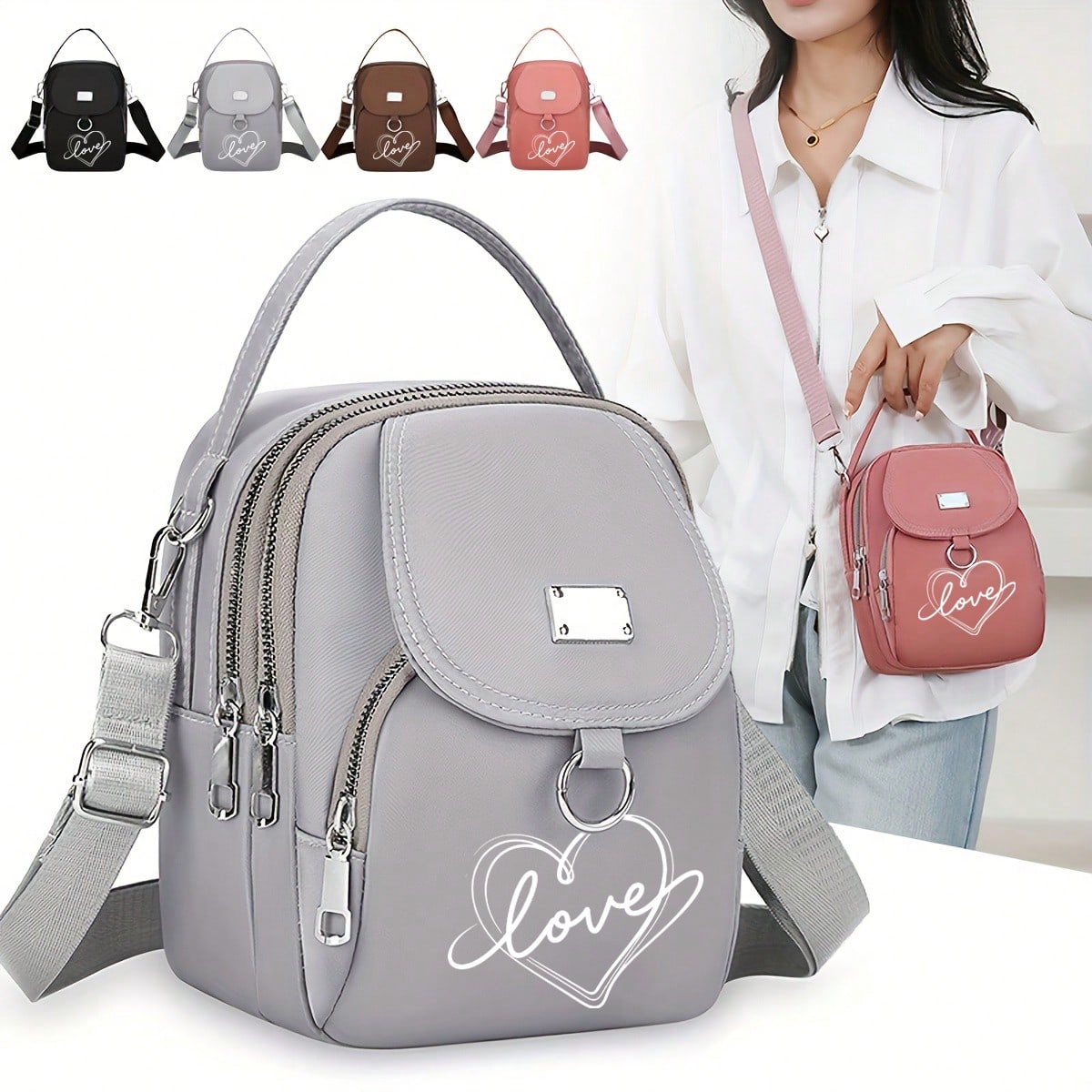 1pc Herz Liebe Druck Schulter Tasche frauen Casual Mini Umhängetasche Einstellbar Gute Kapazität Kleine Handtasche Mädchen Umhängetasche