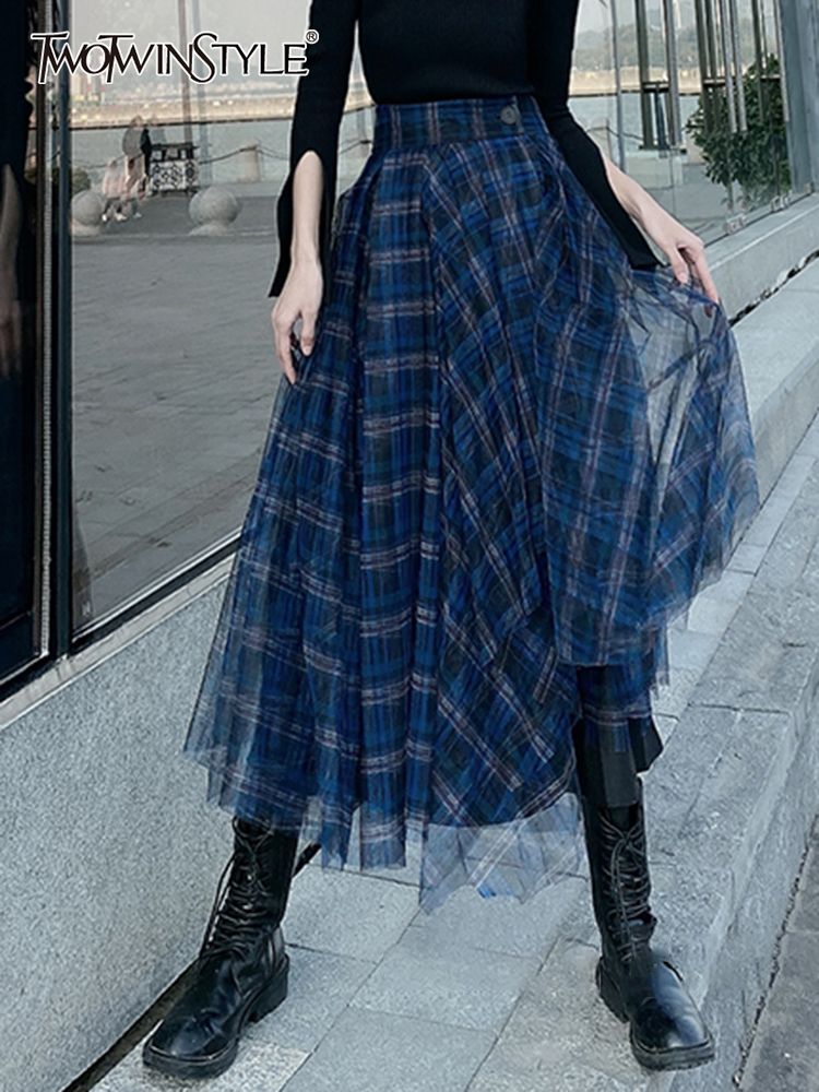 TWOTWINSTYLE Colorblock Plaid Vintage A Line gonna per le donne gonne temperamento bottone Patchwork A vita alta moda femminile nuovo