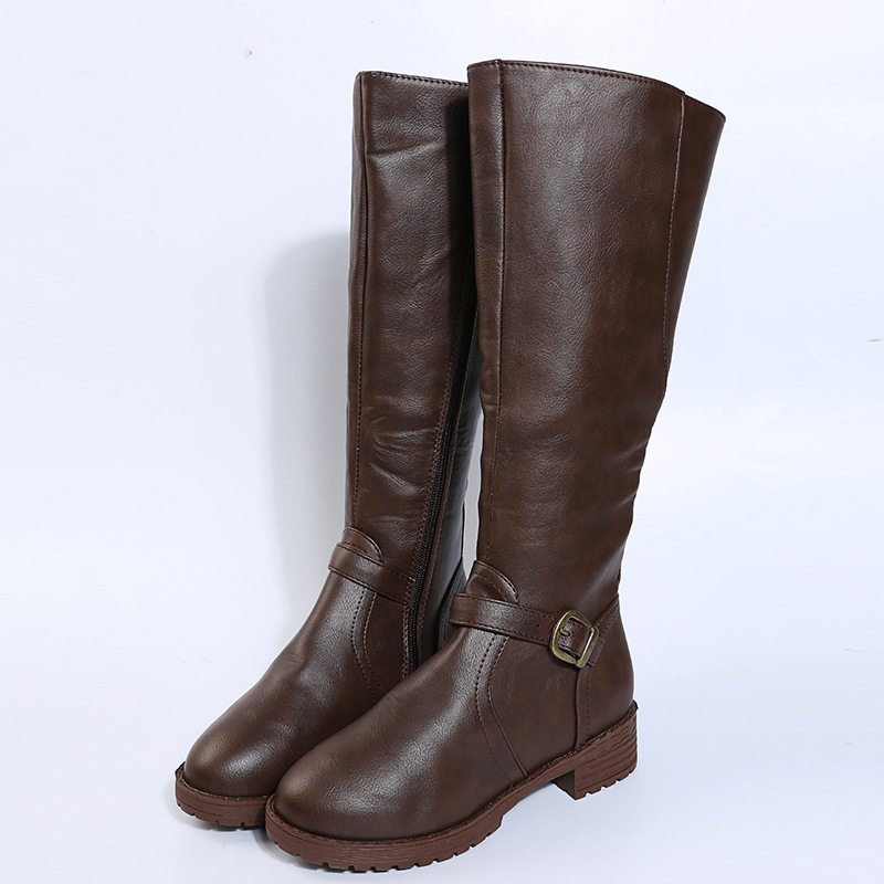 Sepatu bot panjang selutut untuk wanita, sepatu bot ukuran besar hak rendah model klasik warna cokelat, sepatu bot hangat musim gugur musim dingin bahan kulit Pu