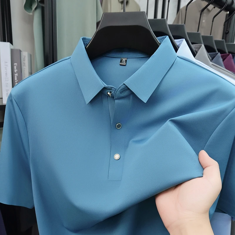 Camisa Polo Masculina Lisa 2026 Nova, Resistente a Rugas, Tecido Seda Gelada, Manga Curta para Escritório e Casual