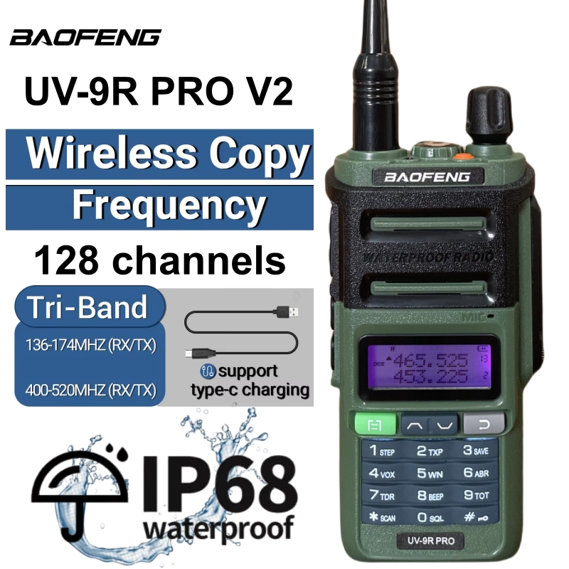 Baofeng UV 9R Pro V2 IP68 Водонепроницаемая рация Tri-Power Type-C Зарядное устройство Двухдиапазонный трансивер Ham Двустороннее радио Морское радио