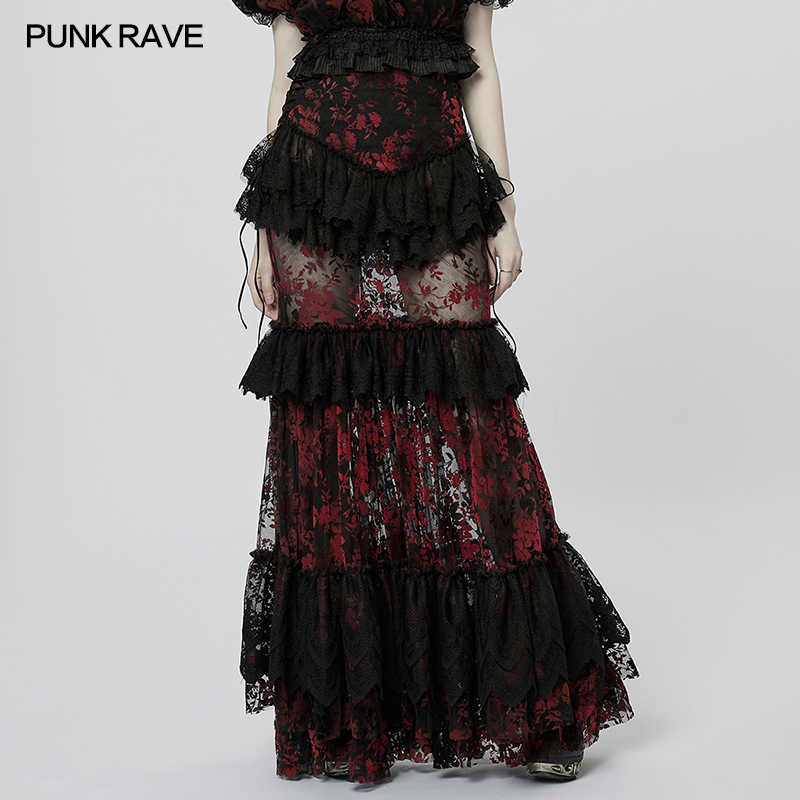 PUNK RAVE damska gotycka perspektywa wspaniała koronkowa spódnica boczna aksamitna konstrukcja ze sznurkiem moda osobowość długie spódnice damskie