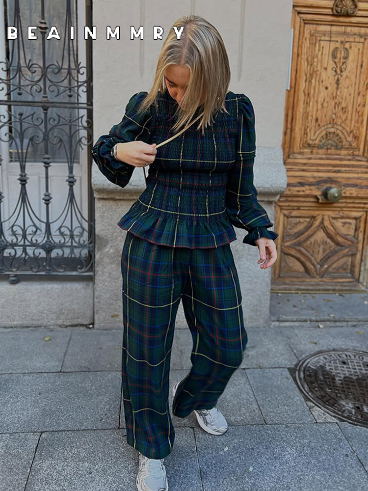Vintage Women Plaid High Street Pants Suit Fashion O Neck Long Sleeve Casual 2 Piece Sets 2025 Spring Summer Lady Commute Outfit