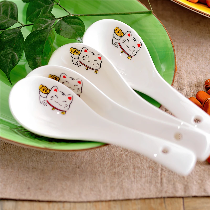 Cuillère à soupe en céramique 14cm, vaisselle japonaise blanche en os de chat porte-bonheur en porcelaine, fournitures de cuisine pour Restaurant et ménage