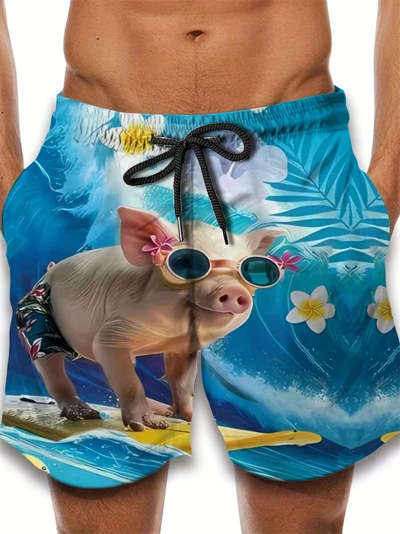 Neue Herren-Badeshorts mit niedlichem Schweinchen-Cartoon-3D-Print, lässiger und lockerer Hawaii-Stil, perfekt für Urlaub und Schwimmen.