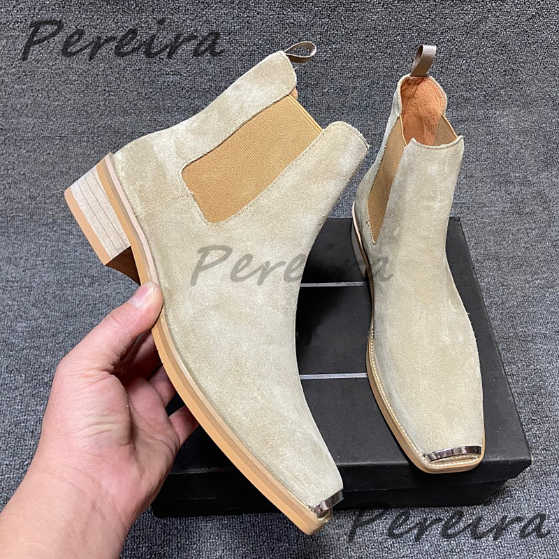 Männer Wildleder Leder Metall Kappe Chelsea Stiefel Britischen Retro Einfarbig Med Ferse Stiefeletten Herbst Winter Neue Rindsleder Männliche schuhe