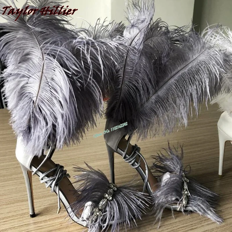 New Rhinestone Gray Feather High Heels Round Toe Open Toe Ankle Strap Super High Heel Women'S Shoes Nightclub Catwalk Sandals 45