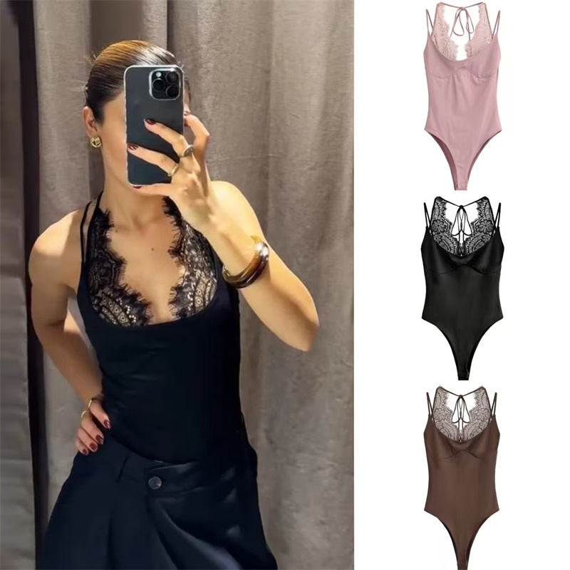 Macacão Feminino 2026 Primavera Novo Cor Sólida Gola Halter com Renda Sexy Ajustado Personalizado Moda