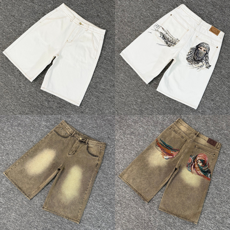 Celana Pendek Denim Derschutze Terbaru Hip Hop Berkualitas Tinggi Kasual Putih Bordir Pola Jeans Pria Streetwear