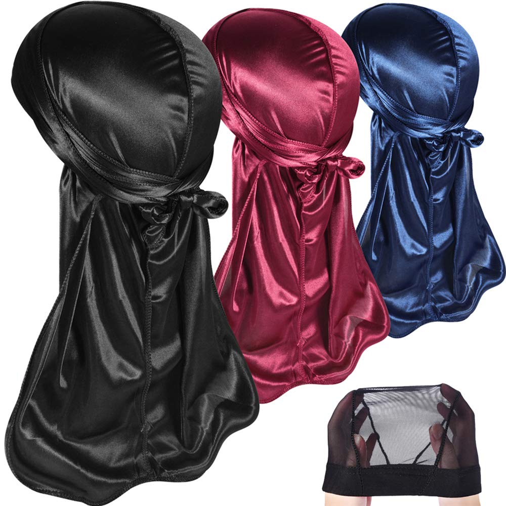 3 pièces bandeaux Durag soyeux Durag pour hommes femmes avec vague libre casquette Durags Pack avec longue queue et larges sangles Bandanas