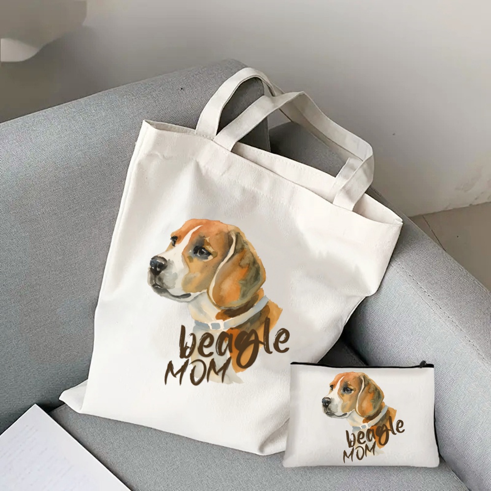 2 sztuk/zestaw Beagle Bagel Dog uroczy nadruk torba z grubej bawełny, torba na ramię o dużej pojemności, damska torebka na co dzień do pracy, szkolnych zakupów