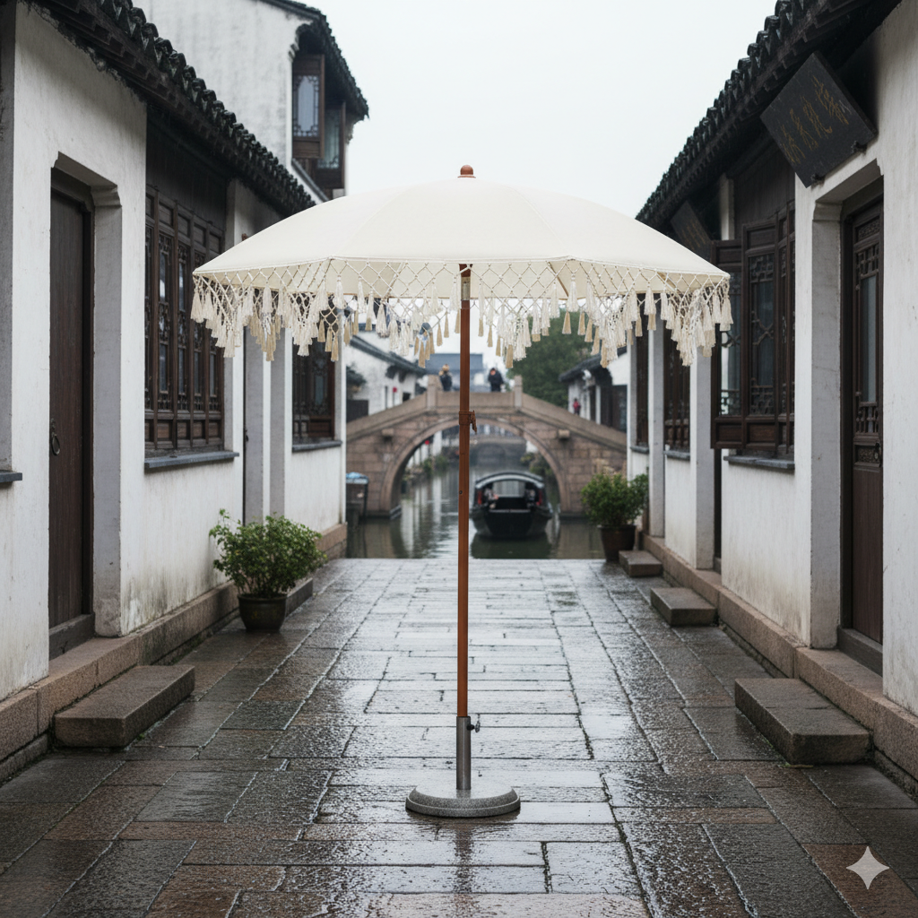 UPF50+ Omkeerbare zonnescherm-parasol met driehoekig franjeontwerp voor tuin en strand, dubbel te gebruiken, geen voetstuk inbegrepen