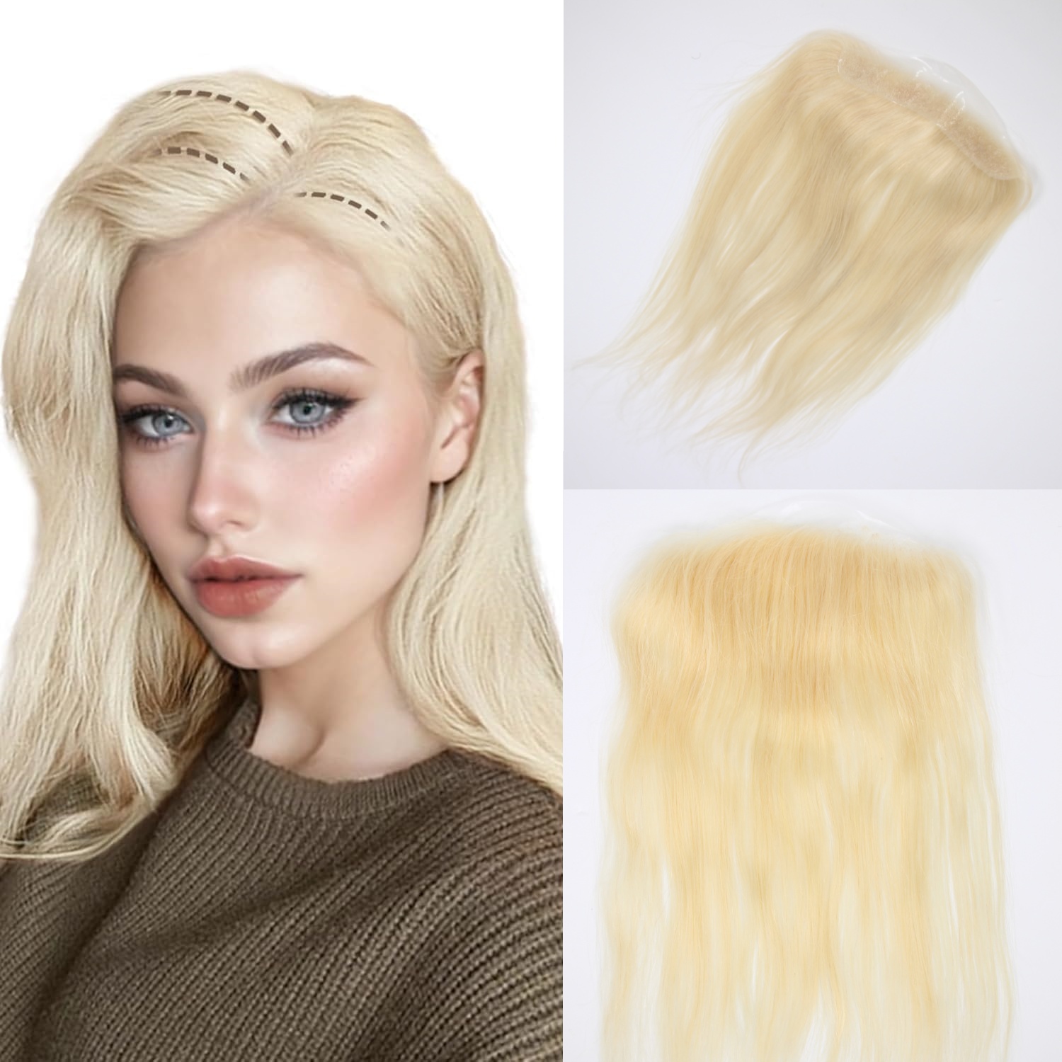 Adorno de cabello humano rubio 613 – Tupé con cinta de piel fina de PU para hombres y mujeres – Peluquín natural recto de 13 pulgadas con línea de cabello en forma de V