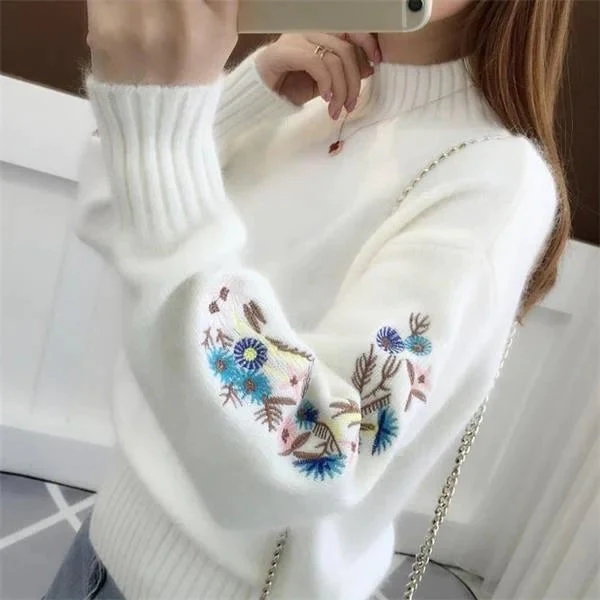 Áo Len Dệt Kim Họa Tiết Thêu Hoa Áo Len Dày Pullovers2023 Thu Đông Mới Dài Tay Turleneck Áo Len