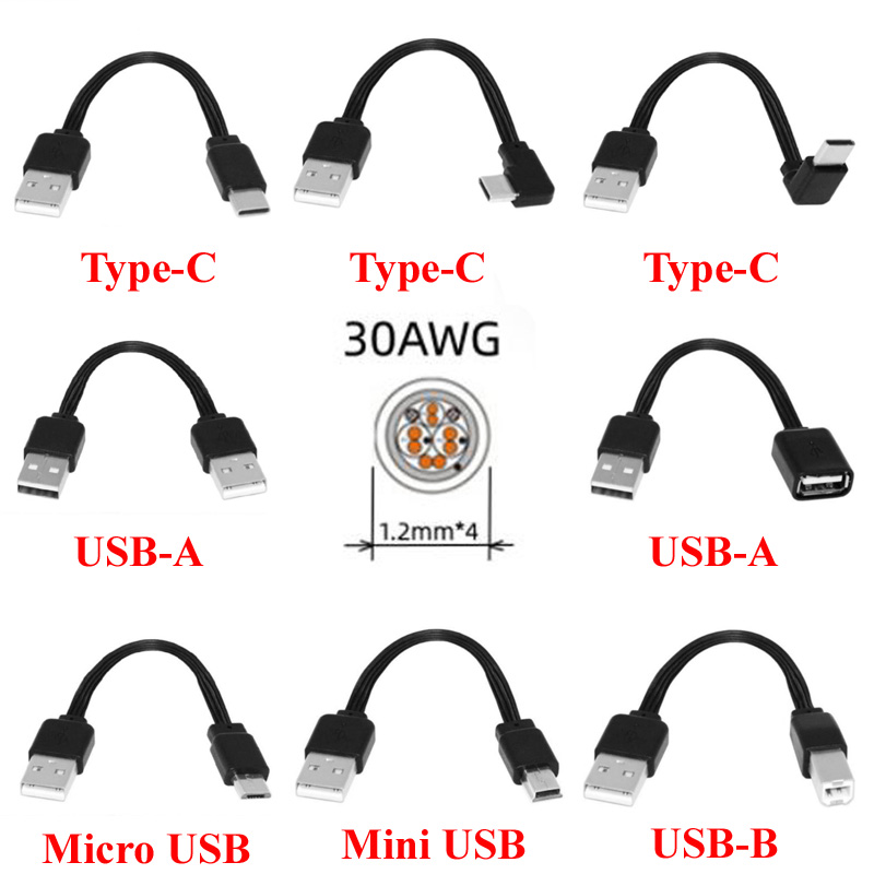 Schwarzes 0,1M Typ-C USB-A B C Mini Micro USB Stecker auf USB-A 2.0 Stecker Weiches Silikon-Ummanteltes Flaches Kurzes Datenkabel 30AWG