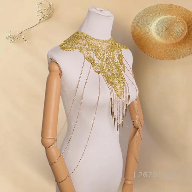 Colar de Franjas em Camadas com Detalhes em Renda Dourada para Mulheres, Corrente Corporal de Moda, Harness de Peito em Metal Dourado, Joias Elegantes
