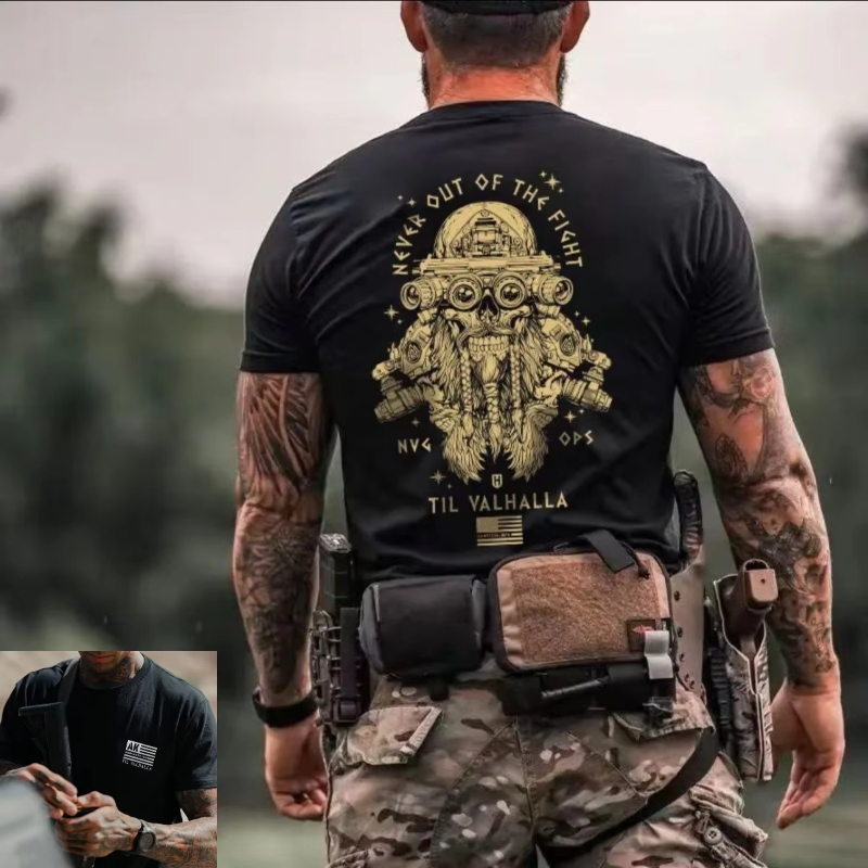 夏の戦術的なミリタリーファンクルーネック半袖アメリカンタフガイインス北欧神話プリントメンズ半袖コットンTシャツ