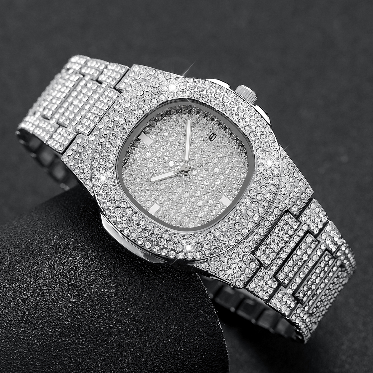 Relógios masculinos luxuosos de aço inoxidável com diamantes completos, relógio de pulso esportivo de quartzo com calendário