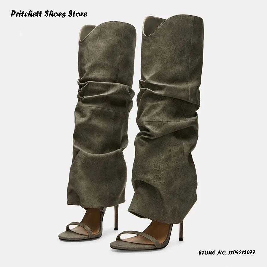 Botas hasta la rodilla plisadas de verano para mujer, botas elegantes con punta abierta y tacón de aguja, vestido de fiesta de estilo callejero, botas modernas sólidas