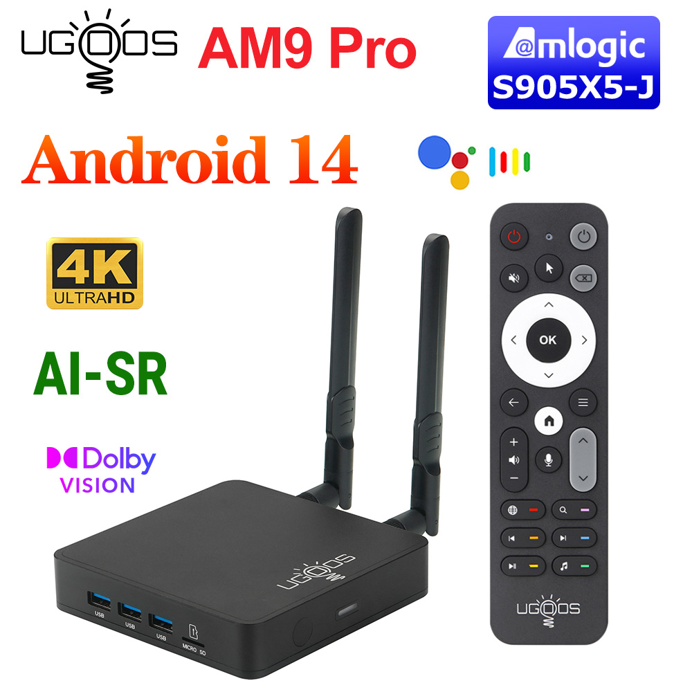 UGOOS AM9 Pro Amlogic S905X5-J ТВ-приставка Android 14 LPDDR5 4G64G с поддержкой AI-SR, 4K HDR, WiFi6, BT5.2, 1000M и голосовым пультом ДУ с Bluetooth