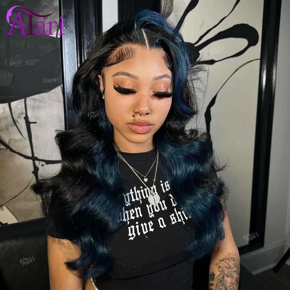 Perucas de cabelo humano frontal para mulheres, peruca de onda corporal, destaques azul escuro, pré arrancado, transparente, fechamento 5x5, 13x6, 13x4