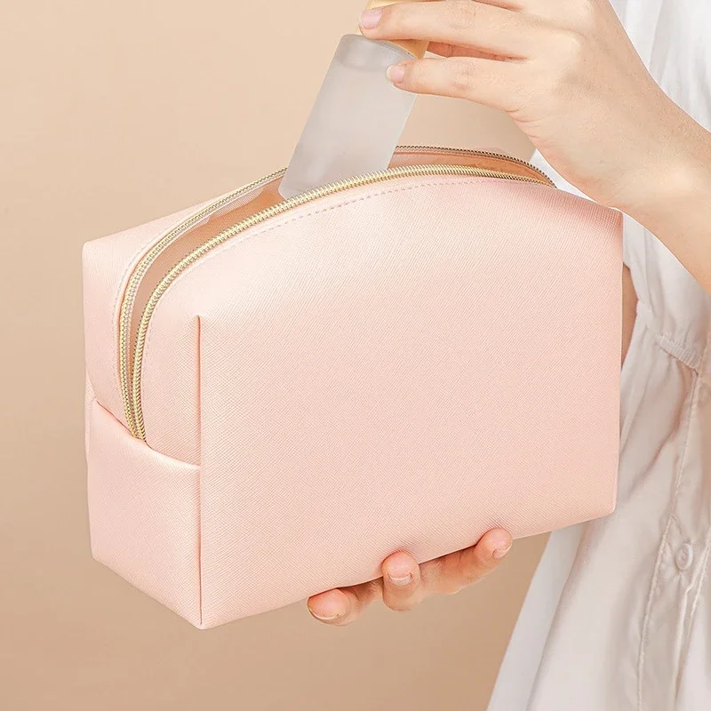 PU Leather Waterproof Cosmetic Bag Solid Color Makeup Pouch Portable Travel Cosmetic Organizer Toiletry Bag Zipper Makeup Case