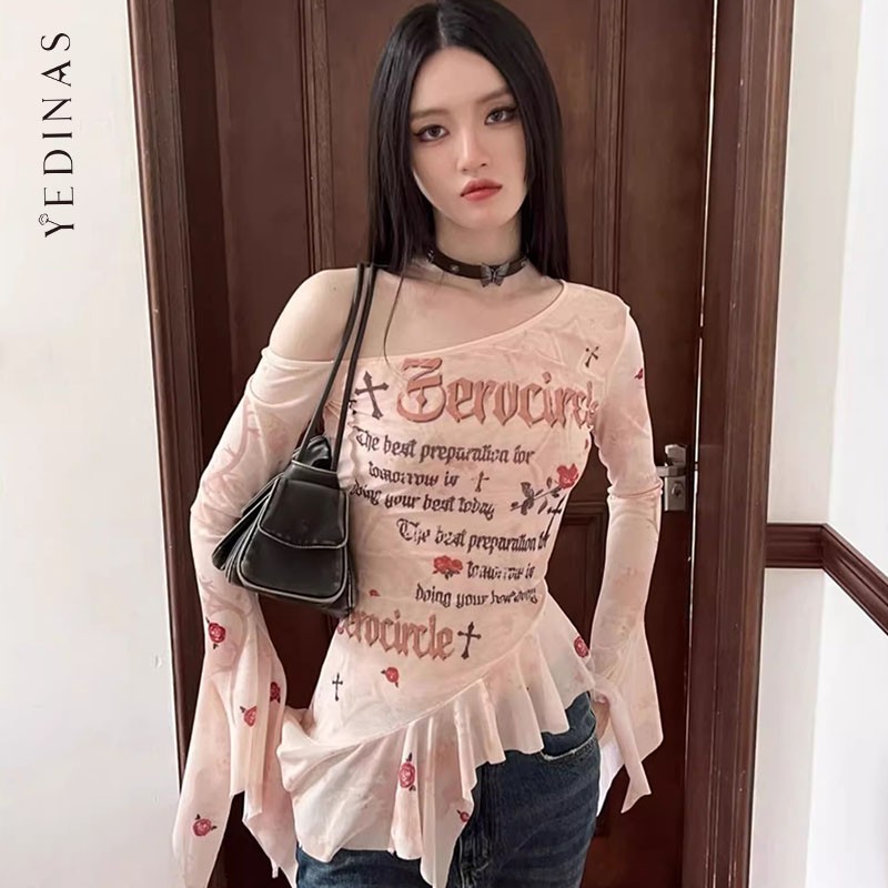 Yedinas เสื้อสตรีทแวร์เสื้อตาข่ายแขนบานเสื้อยืดเกาะอกพิมพ์ลาย MODE Korea ผู้หญิง Y2k