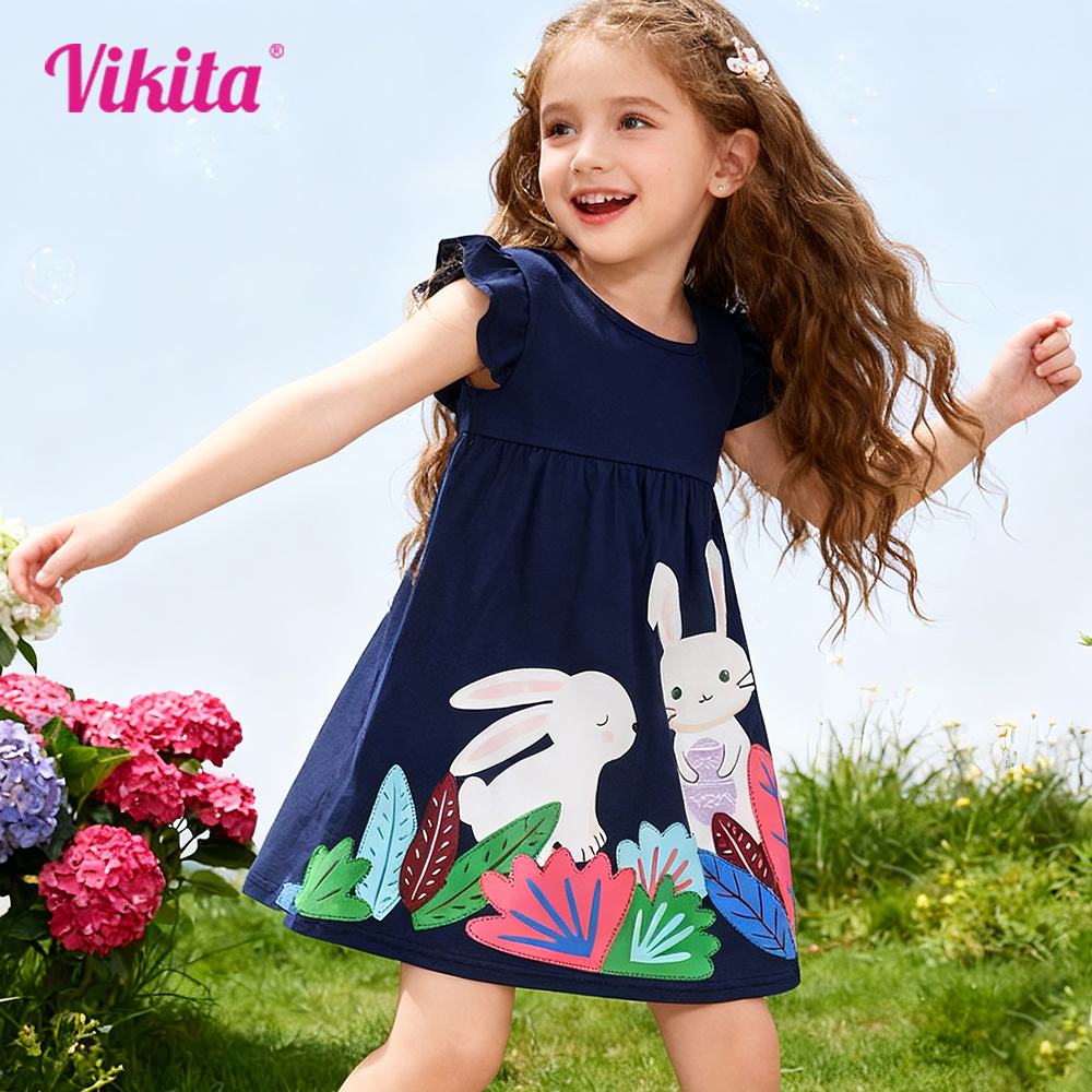 VIKITA Meisjes Marineblauw Flare Mouw Katoen Casual Zomerjurk Kinderen Schattig Konijntje Print Dagelijks School Rechte Jurken