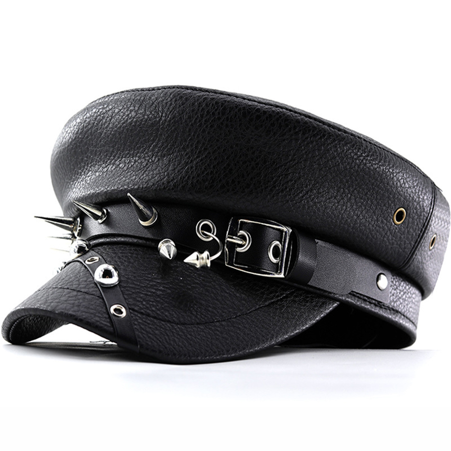 Boina feminina punk y2k na moda, preta, pu, legal, punk, caveira, boné de couro, parte superior plana, capitão militar, acessórios femininos
