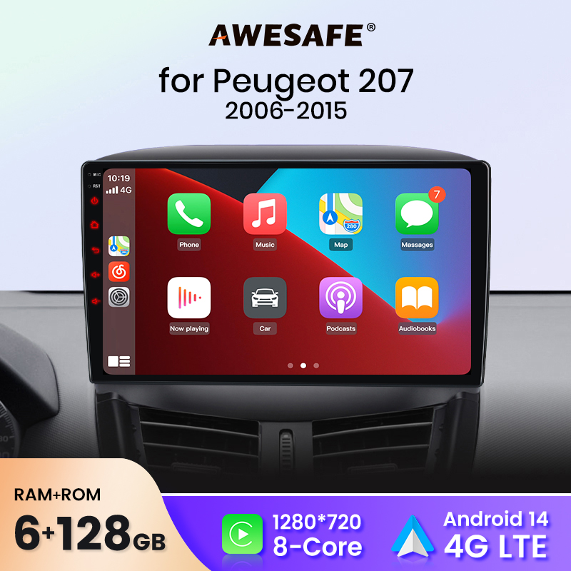 AWESAFE Bezprzewodowe Radio Samochodowe CarPlay Android Auto do Peugeot 207 2006 2007 2008-2015 Inteligentne Systemy Samochodowe BT FM RDS Plug & Play SWC Wysyłka z Wielkiej Brytanii