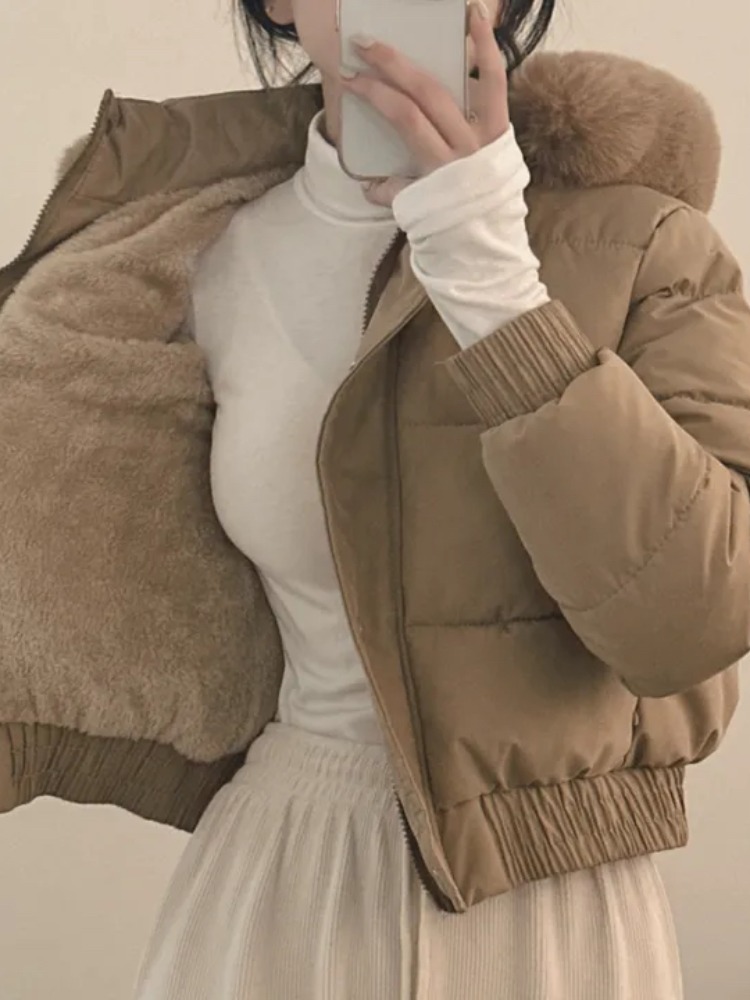 Faionable Thiened Autumn Winter ort Bread Sle Jaet Women's Chic Hooded Coat with Fur Collar Long Sve Warm Cotton...
