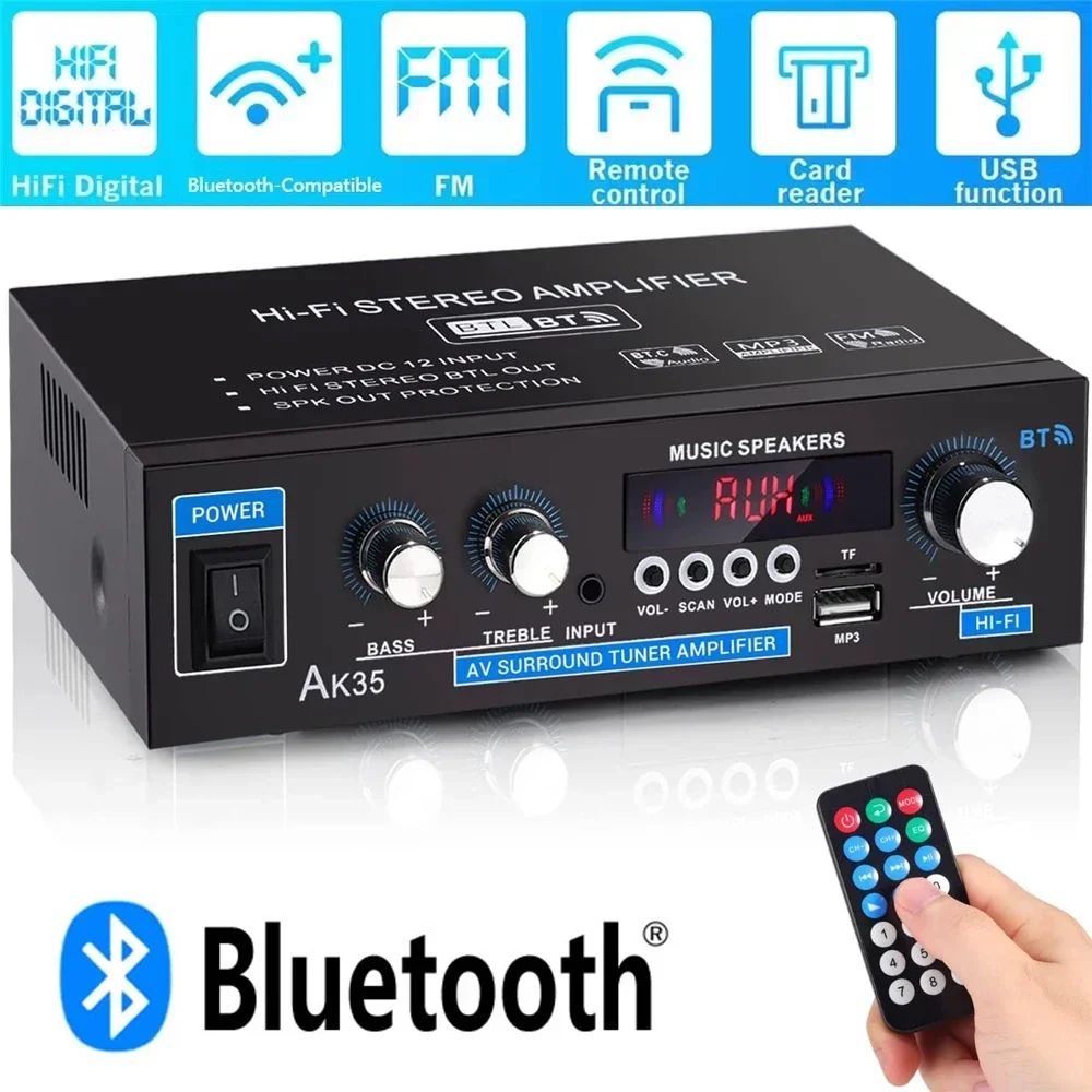 AMPLIFICADOR DE POTENCIA para el hogar AK35, 2,0 canales, Bluetooth 5,0, sonido envolvente, FM, USB, Control remoto, Mini amplificadores digitales HIFI, 110V/220V
