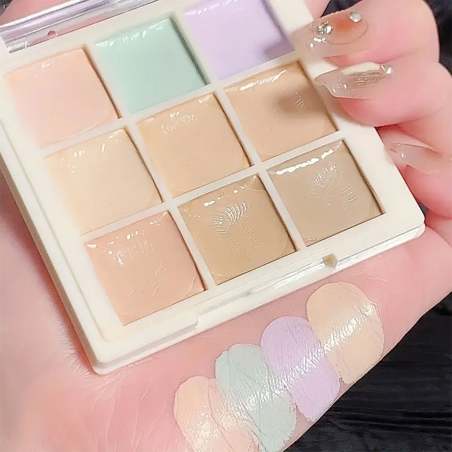 Paleta de corrector impecable de 9 colores, impermeable, a prueba de sudor, cobertura completa, corrige manchas, acné, ojeras, ranuras para rasgaduras