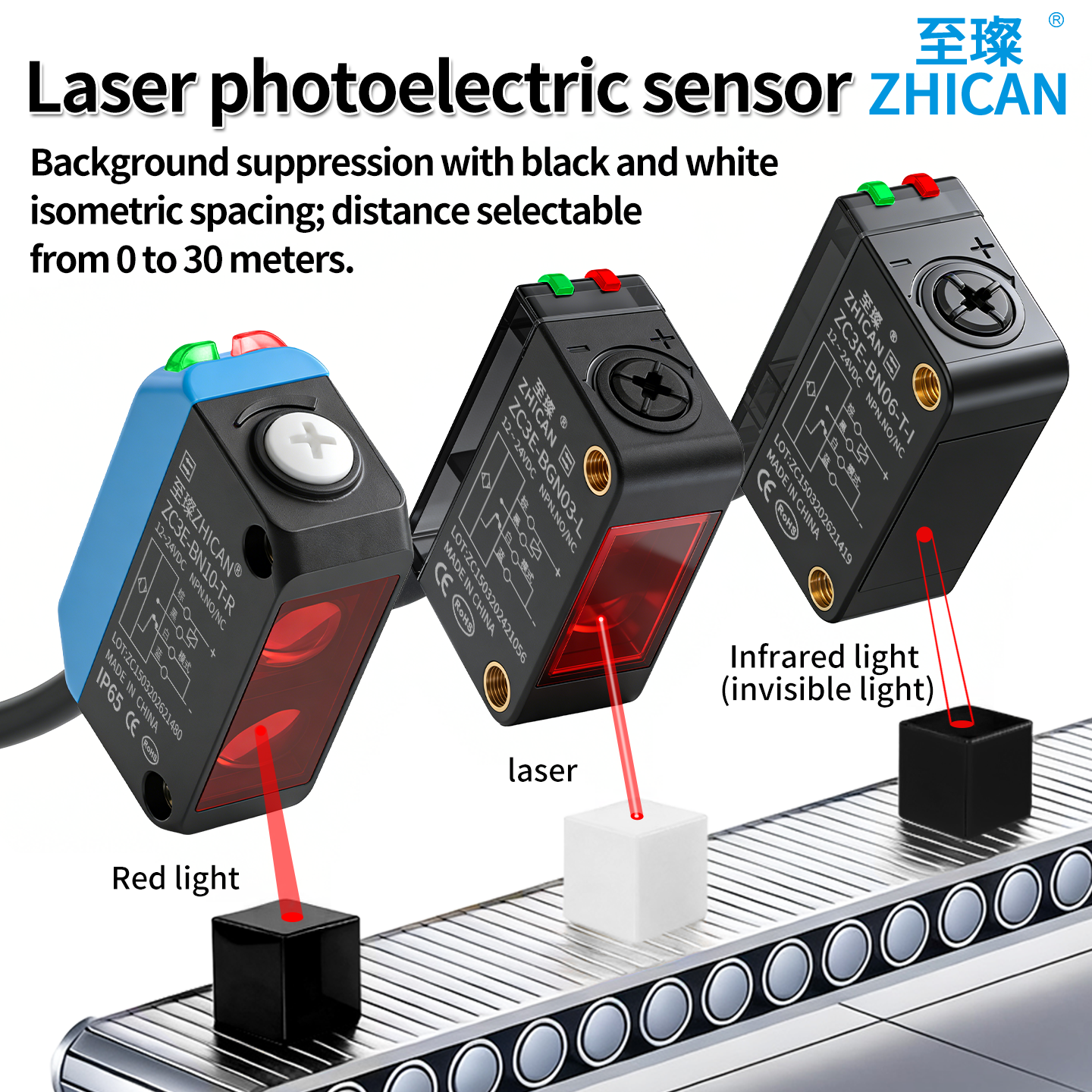 Sensor Fotoeléctrico Láser ZHICAN ZC3E con Supresión de Fondo, Distancia Ajustable, Interruptor de Detección de Objetos