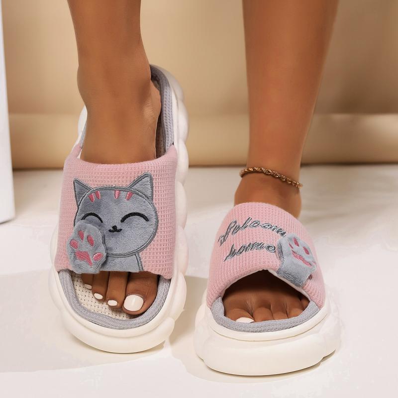 Zapatillas informales de lino para mujer, plataforma de casa, bonitos zapatos de diseñador de gato de dibujos animados, calzado plano elegante a la moda para interiores de talla grande