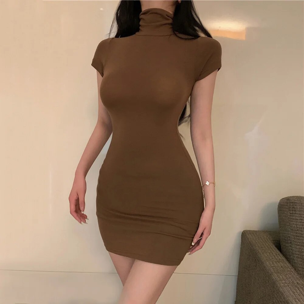 Gaun Bodycon untuk wanita 2024 tinggi leher panjang paha lengan pendek dipasang valentine wanita pergi keluar klub pakaian malam tanggal