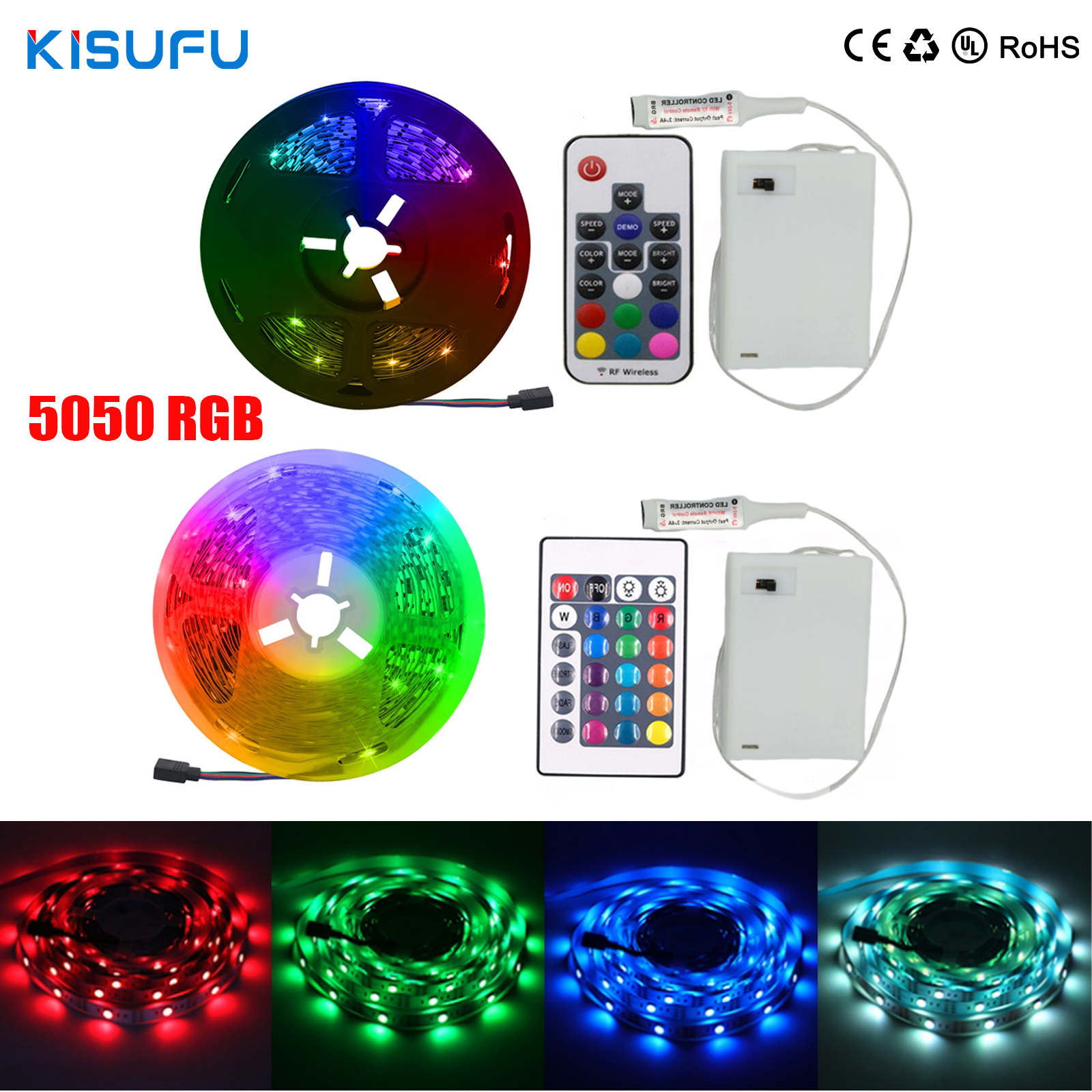 Dc 5v 5050 rgb tira de luz led bateria alimentada ip21/ip65 fita estável tiras led interior ao ar livre 3/24/44key controle remoto