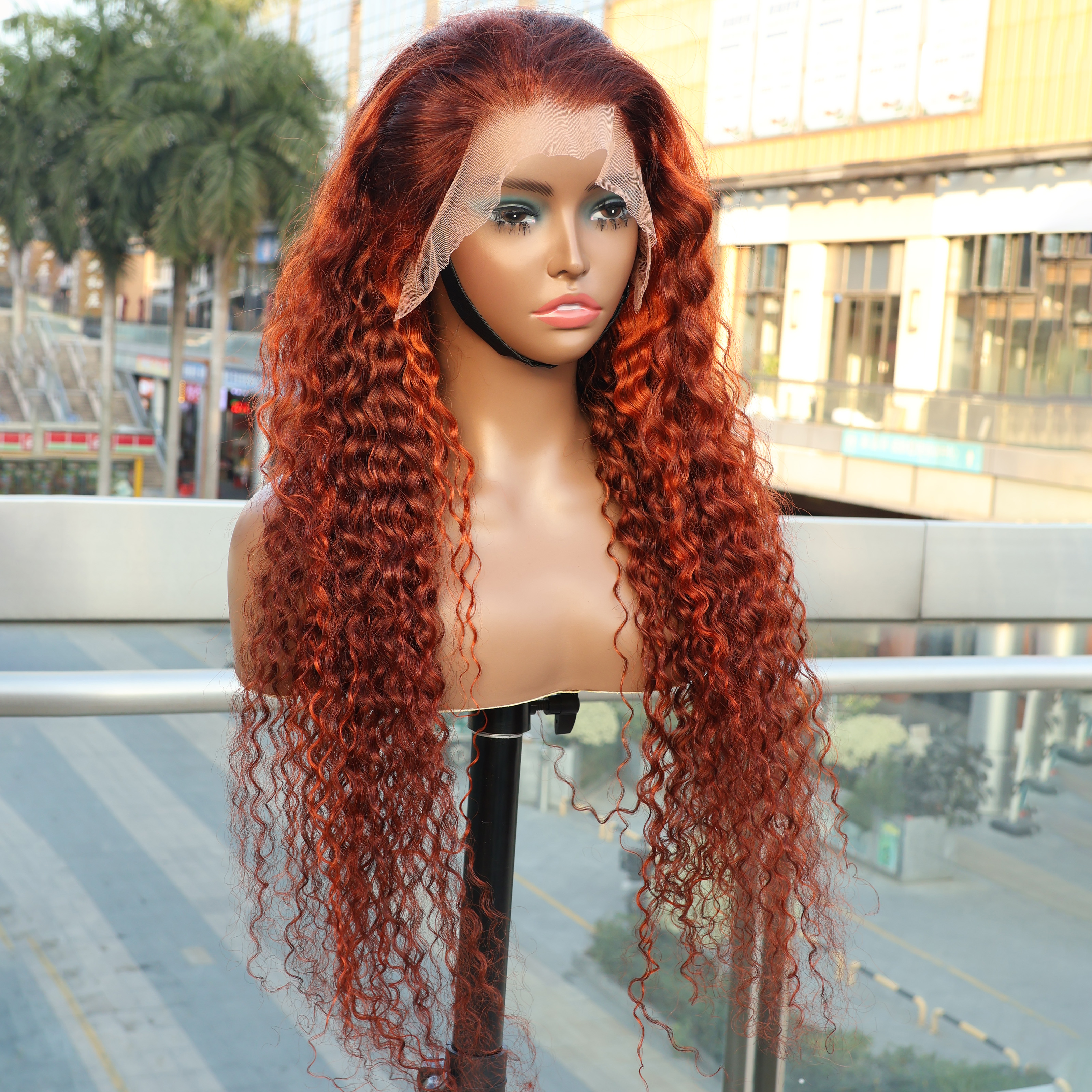 Parrucca 4/350 Highlight Water Wave 13x6, ricci profondi, densità 220%, colore Ombre Ginger, in capelli umani, con frontale in pizzo HD 13x4