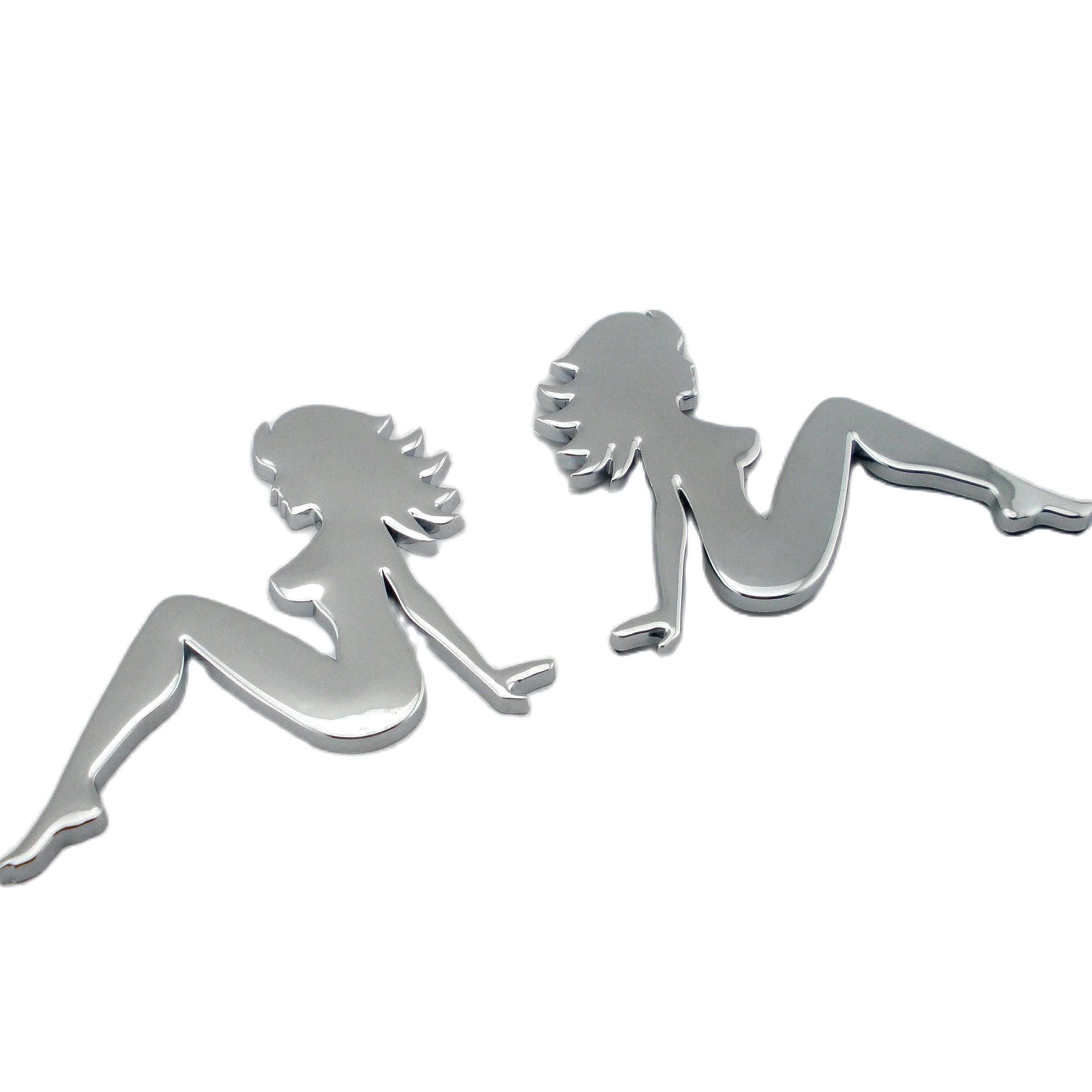 Une paire de broches chromées fille nue assise sexy femme Rat Rod Badge de voiture autocollant d'aile de pare-chocs de camion