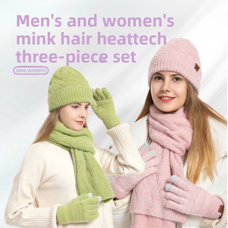 Modische und schöne Winter-Damenbekleidung, kältebeständige und warme Gehörschutzhut, Schal, Handschuhe, dreiteiliges Set