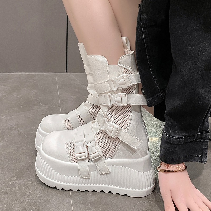 8.5cm femmes bottes d'été 2025 respirant maille creuse baskets haute plate-forme mi-mollet bottes femme boucle en plein air grosses chaussures