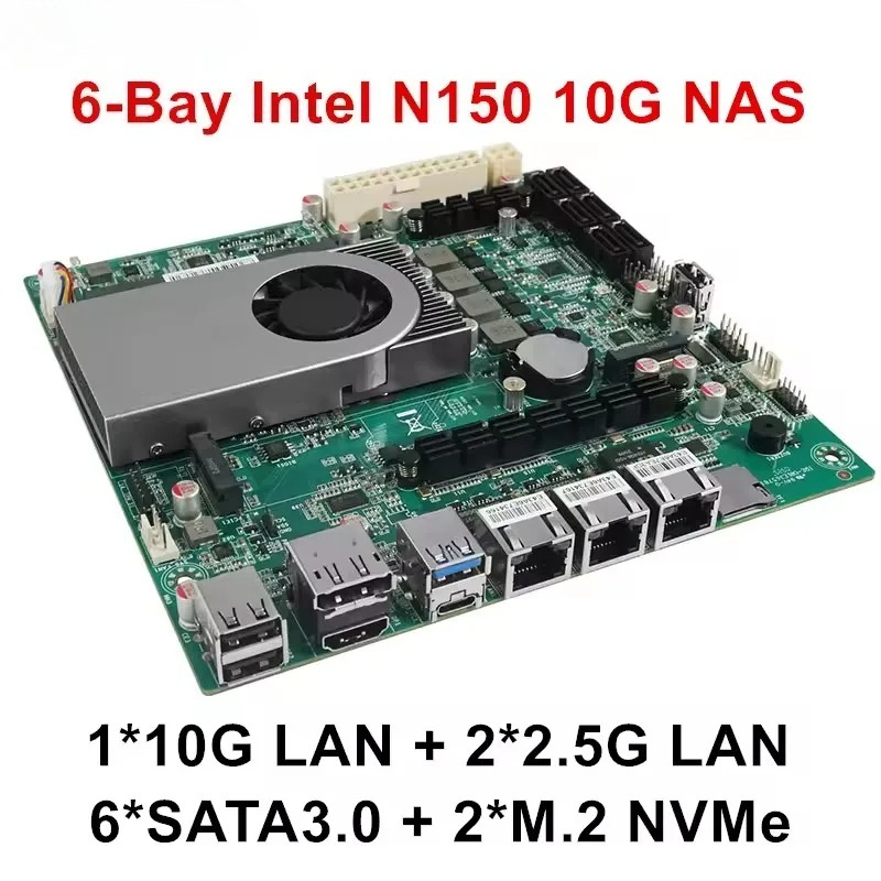 Placa-Mãe NAS de 6 Baias com 1*10G, 2*2.5G LANs, Intel Twin Lake N150 4 Cores, 6*SATA3.0, 2*NVMe, 1*DDR5, Firewall, ITX, Servidor Doméstico