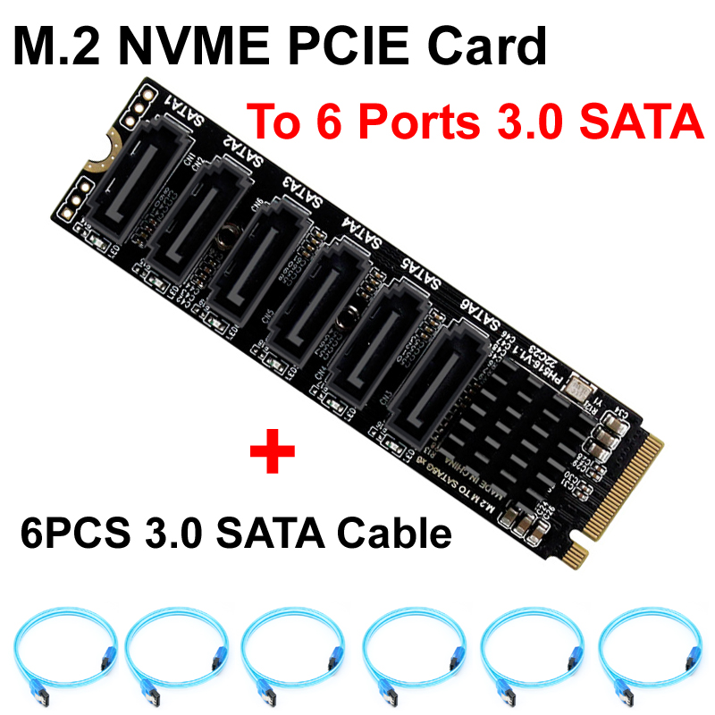 M.2 NVME PCI-E PCIE X4 X8 X16 à 6 ports 3.0 SATA adaptateur carte Riser III 6 GB/S châssis serveur PC extension + 6 pièces 3.0 câble SATA