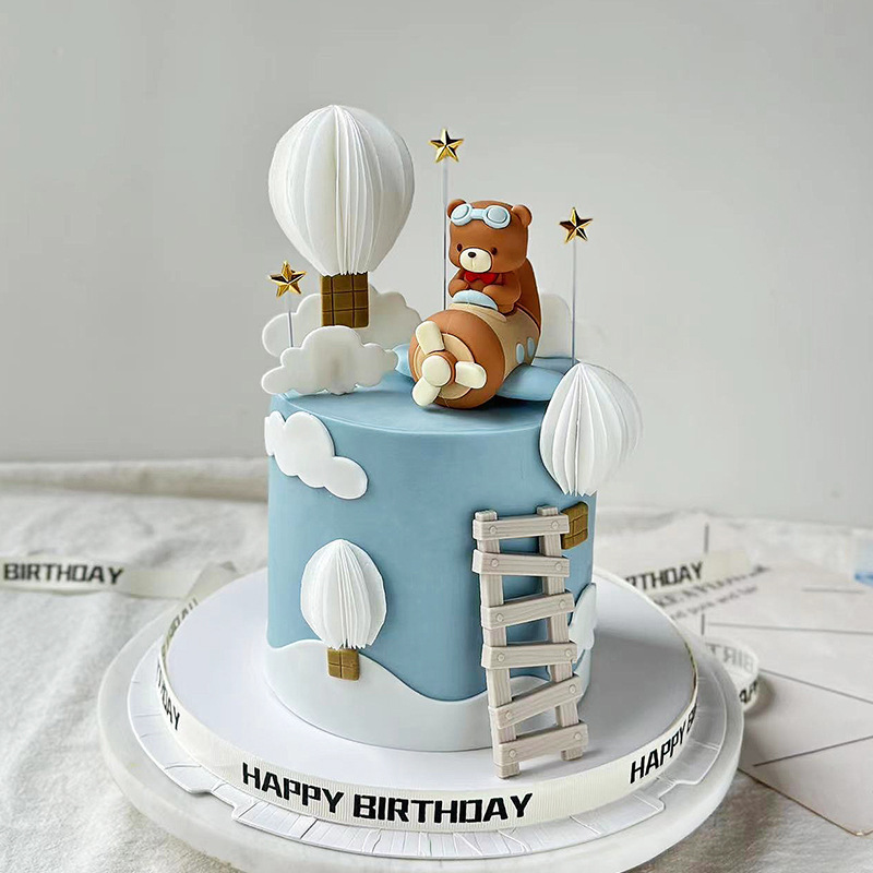 Decorazione torta a tema volo Cartone animato pilota Orso Palloncini Stelle per bambini Ragazzo Felice 1° compleanno Cake Topper Baby Shower Party