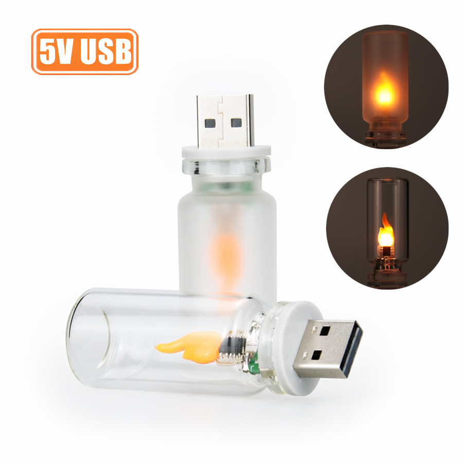 Vela de cristal transparente esmerilado LED parpadeante con llama USB, luz nocturna, llama simulada para coche, hogar, habitación, portátil, PC, decoración de Festival