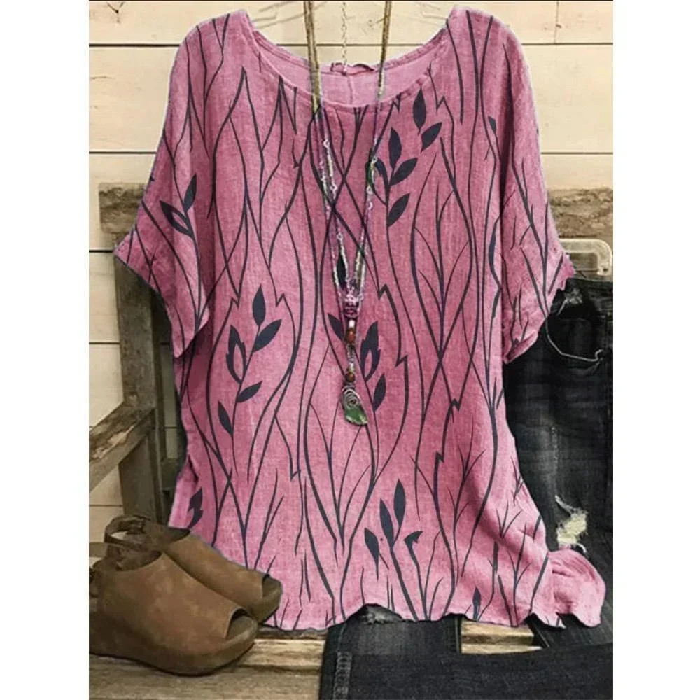 女性プラスサイズ 1XL-8XL カジュアルルーズトップシャツ葉プリントブラウス Tシャツレディースファッションヴィンテージブラウス半袖 Tシャツ