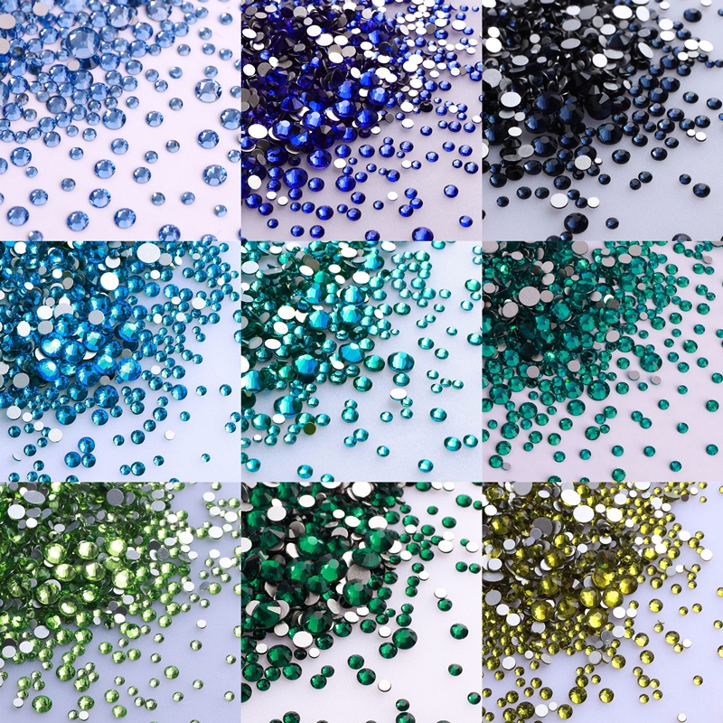 1440 buah/pak ukuran Campuran kaca berlian imitasi belakang datar Glitter bulat berlian biru tidak Hotfix lem pada berlian imitasi untuk DIY seni kuku