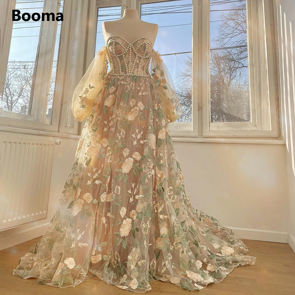 Booma bege bordado renda a linha vestidos de baile querida mangas puff pérolas espartilho rendas até vestidos de festa formais personalizados
